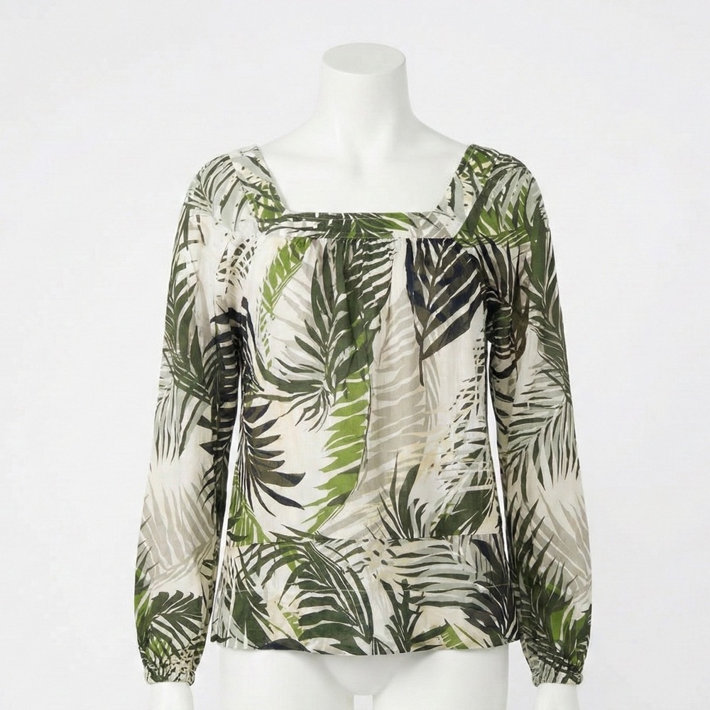 Elie Tahari Square Neck Blouse Green Palm Leaf Print Tropical Top Size Medium
